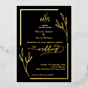 Moderne Zwarte & Gouden Folder Rand Monogram Folie Uitnodiging
