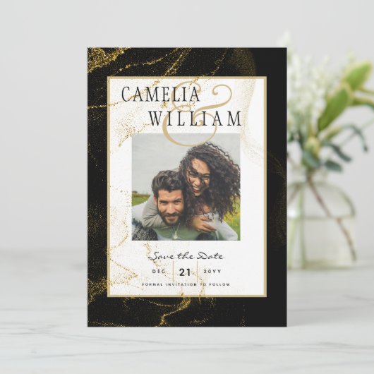 Moderne Zwarte Gouden Glitter Bruiloft Kaart (Staand voorkant)