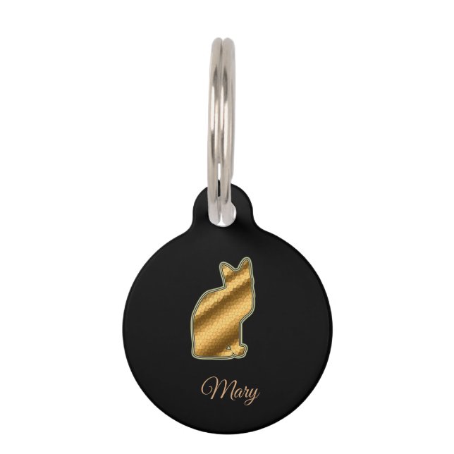 Moderne Zwarte Gouden Kat Huisdierpenning (Voorkant)