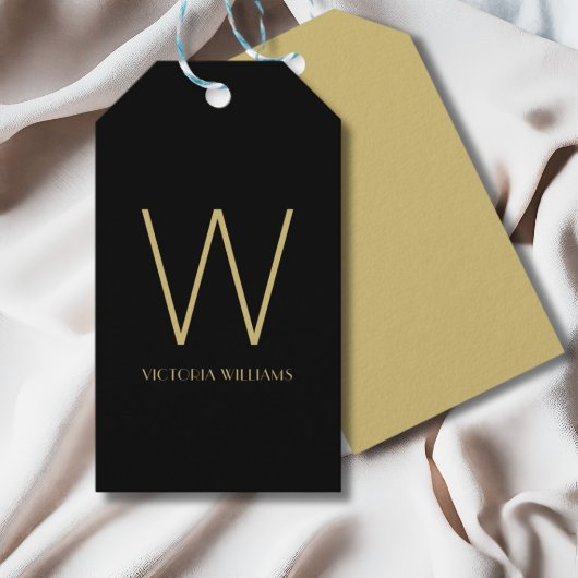 Moderne zwarte gouden minimalistische monogram cadeaulabel