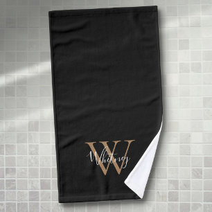 Moderne Zwarte Gouden Monogram Elegante Script Naa Handdoek