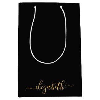 Moderne zwarte gouden monogram naam in script medium cadeauzakje