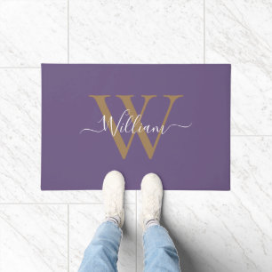 Moderne zwarte gouden monogram script naam deurmat