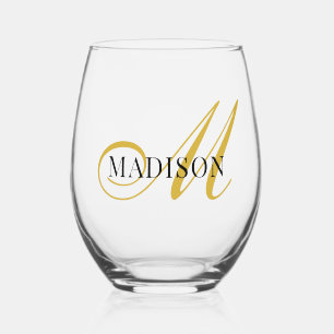 Moderne Zwarte Gouden Monogram Script Wijnglas Zonder Voet