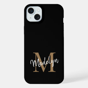 Moderne Zwarte Gouden Monogram Vrouwelijk Script N iPhone 15 Plus Case