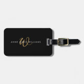 Moderne Zwarte Gouden Script Monogram Bagagelabel (Voorkant horizontaal)