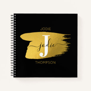 Moderne Zwarte & Gouden Script Monogram Initiaal Notitieboek