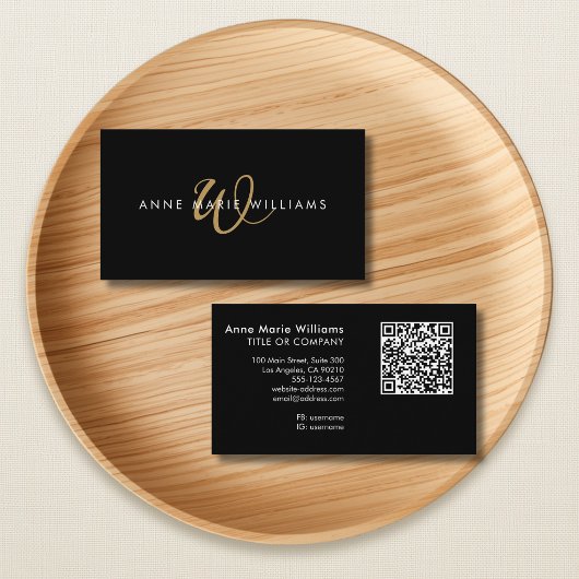 Moderne Zwarte Gouden Script Monogram QR Code Visitekaartje