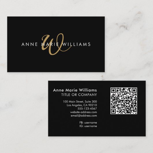 Moderne Zwarte Gouden Script Monogram QR Code Visitekaartje (Voorkant / Achterkant)