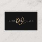 Moderne Zwarte Gouden Script Monogram QR Code Visitekaartje (Voorkant)