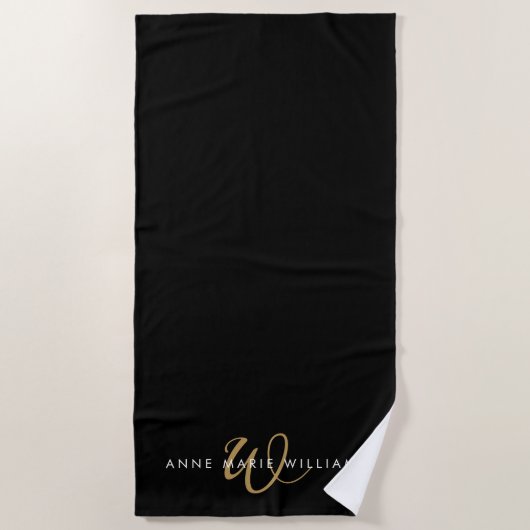 Moderne Zwarte Gouden Script Monogram Strandlaken (Voorkant)
