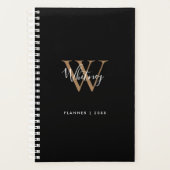 Moderne Zwarte Gouden Script Naam Monogram 2023 Planner (Voorkant)
