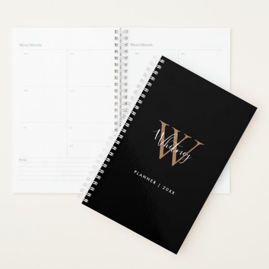 Moderne Zwarte Gouden Script Naam Monogram 2023 Planner (Display)