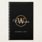 Moderne zwarte gouden scriptnaam Monogram Planner (Voorkant)