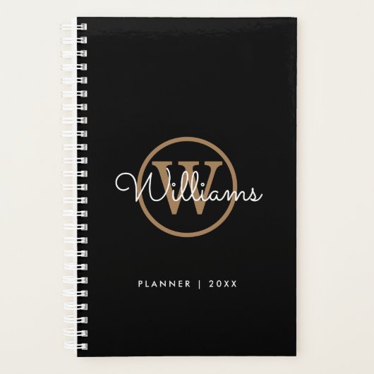 Moderne zwarte gouden scriptnaam Monogram Planner (Voorkant)