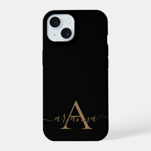 Moderne Zwarte Gouden Vrouwelijk Schrift Monogram iPhone 15 Hoesje