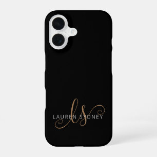 Moderne Zwarte Gouden Vrouwelijke Script Monogram iPhone 16 Hoesje