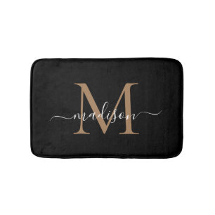 Moderne Zwarte Gouden Witte Monogram Script Naam Badmat