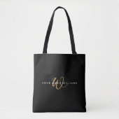 Moderne Zwarte Gouden Witte Script Monogram Draagtas (Voorkant)