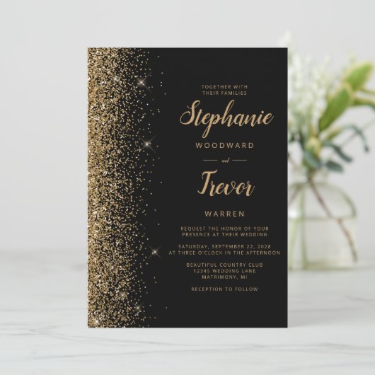 Moderne zwarte goudglitter-penseelbruiloft kaart (Staand voorkant)