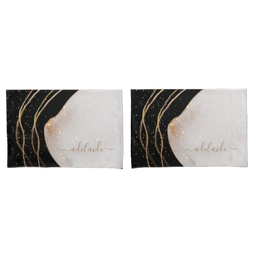 Moderne zwarte goudglitter-scriptnaam kussensloop (Voorkant-Set)