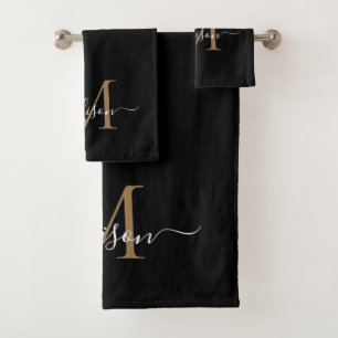 Moderne zwarte goudmonogram Elegant Script Name Bad Handdoek