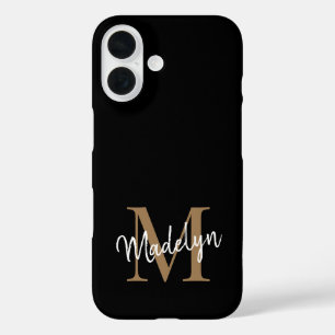 Moderne zwarte goudmonogram Feminine Script Name iPhone 16 Hoesje
