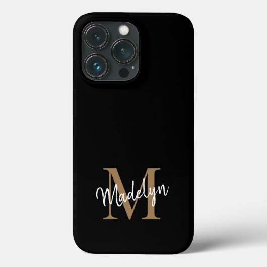 Moderne zwarte goudmonogram Feminine Script Name Case-Mate iPhone Case (Achterkant)