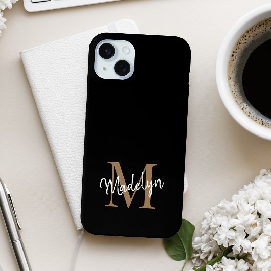Moderne zwarte goudmonogram Feminine Script Name Case-Mate iPhone Case