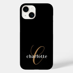 Moderne zwarte goudmonogram Feminine Script Name Case-Mate iPhone 14 Hoesje