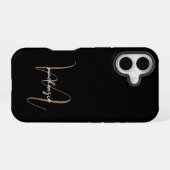 Moderne zwarte goudmonogram Feminine Script Name iPhone 16 Hoesje (Achterkant horizontaal)