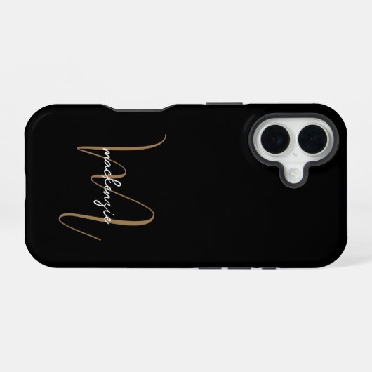 Moderne zwarte goudmonogram Feminine Script Name iPhone 16 Hoesje (Achterkant horizontaal)