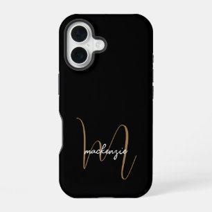 Moderne zwarte goudmonogram Feminine Script Name iPhone 16 Hoesje