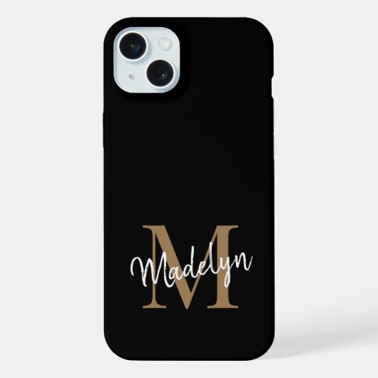 Moderne zwarte goudmonogram Feminine Script Name iPhone Hoesje (Achterkant)