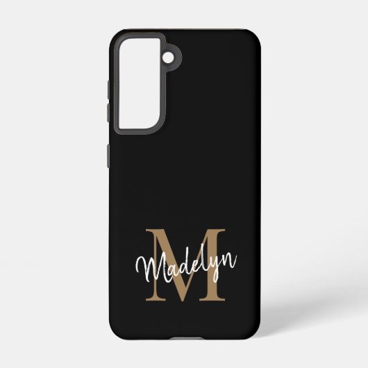 Moderne zwarte goudmonogram Feminine Script Name Samsung Galaxy Hoesje (Achterkant)