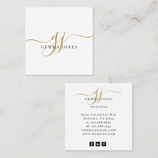 Moderne zwarte goudmonogram Feminine Script Name Vierkante Visitekaartje (Voorkant / Achterkant)