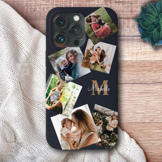 Moderne zwarte & goudmonogram multi-foto Case-Mate iPhone case