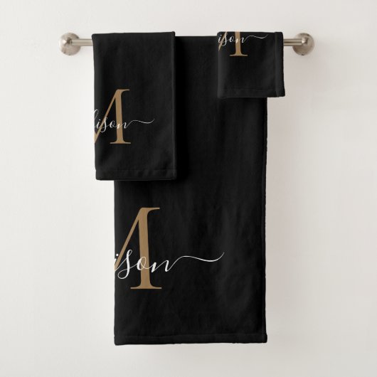 Moderne zwarte goudmonogram naam bad handdoek (Insitu)