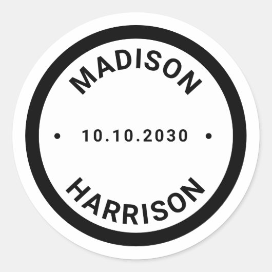 Moderne zwarte grens douanenamen datum gunst ronde sticker (Voorkant)