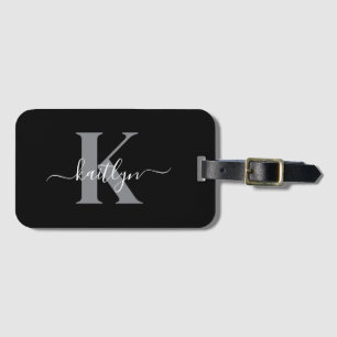 Moderne zwarte grijze script monogram bagagelabel