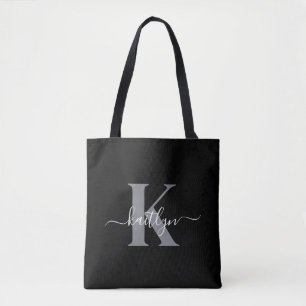 Moderne zwarte grijze script monogram draagtas