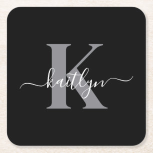 Moderne zwarte grijze script monogram vierkante kartonnen onderzetter