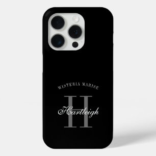 Moderne Zwarte Grijze Witte Monogram Naam iPhone 15 Pro Case