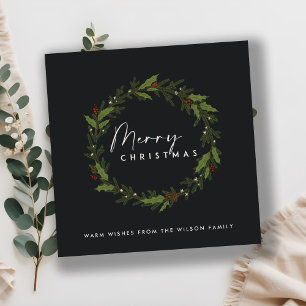 MODERNE ZWARTE HOLLY BESSEN KRANS VROLIJK KERST FEESTDAGENKAART