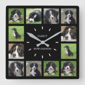 Moderne zwarte hond foto collage familienaam vierkante klok (Voorkant)