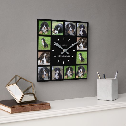 Moderne zwarte hond foto collage familienaam vierkante klok (Kantoor)