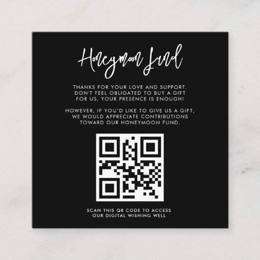 moderne zwarte Honeymoon-code QR-code Informatiekaartje (Voorkant)