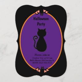 Moderne Zwarte Kat & Vleermuizen Halloween Uitnodi Kaart
