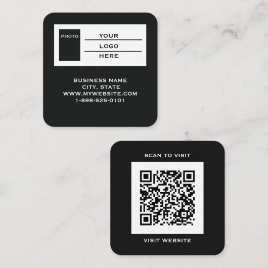 Moderne Zwarte Logo QR Code Scan Website Vierkant Vierkante Visitekaartje (Voorkant / Achterkant)
