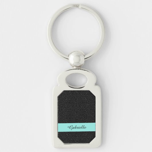 Moderne zwarte luipaard afdruk Aqua Stripe met naa Sleutelhanger (Voorkant)